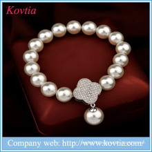 2015 fashion bracelets bangle crystal pearl beaded magnetic bracelet with sliver four leaf clover
